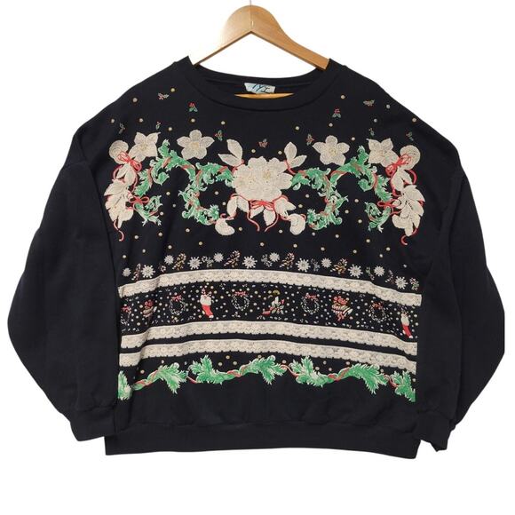 Vintage 90's Chirstmas Holiday Sweatshirt Poinsettia Wreath Stockings Women's 1X - Picture 1 of 6